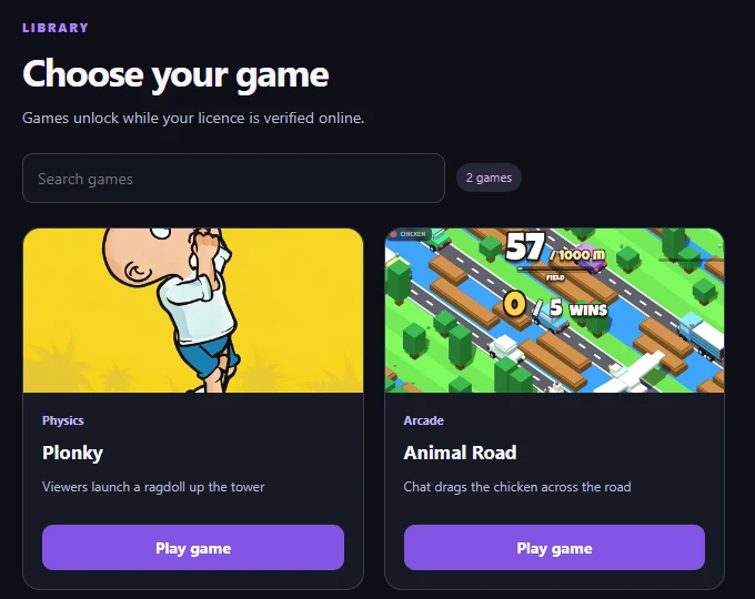 The Games library in the CrowdArena app showing Plonky and Animal Road with Play game buttons.